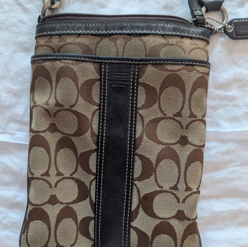 Coach Brown and Black Messenger Bag with Signature Monogram